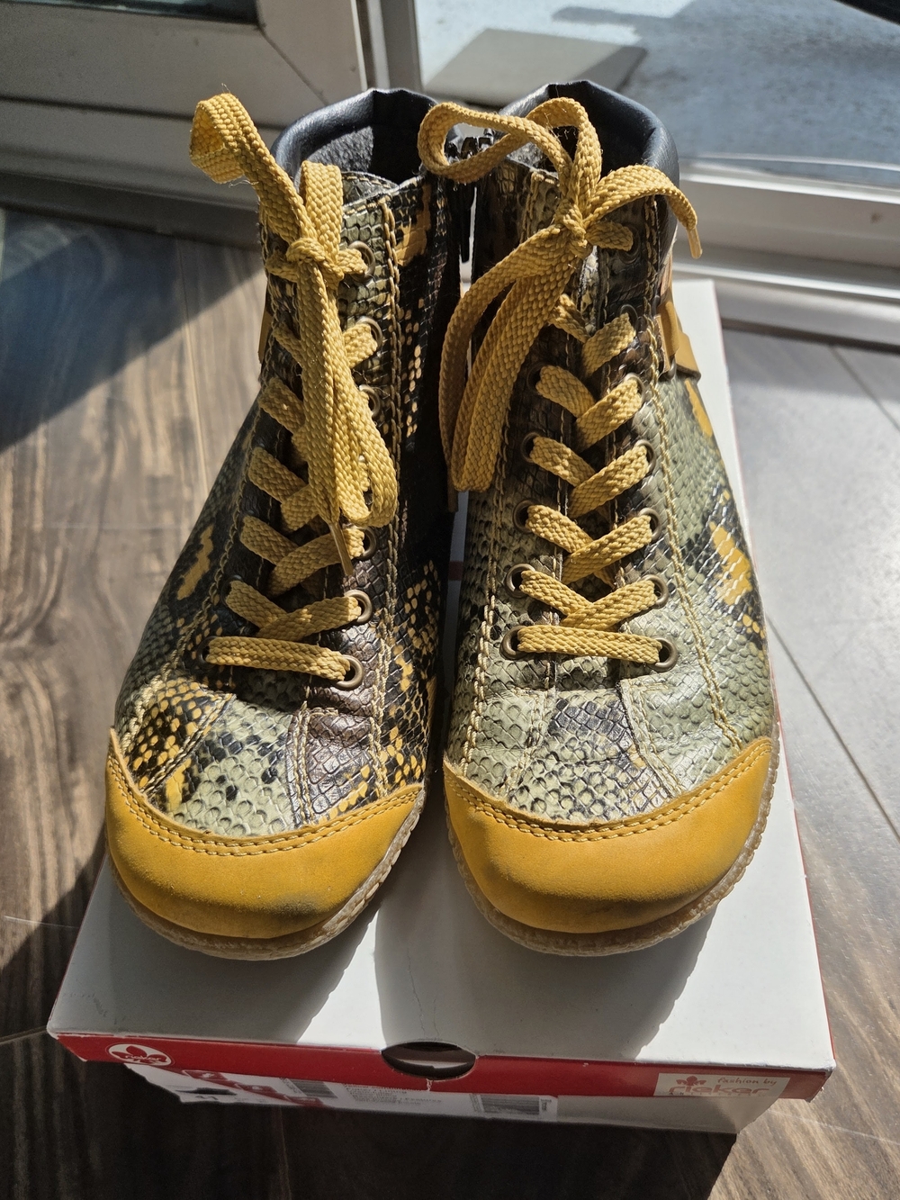 Rieker Women's Yellow and Green Snake-Print Lace-Up Ankle Booties